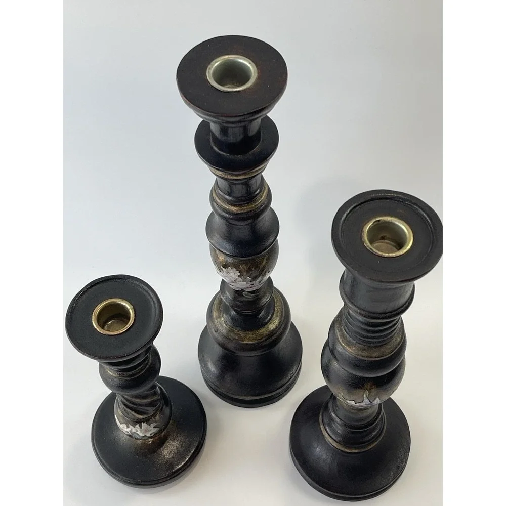 Wooden‎ Candle Holders Decor Dark Finish Floral Accents Set of 3 SEMA 2008